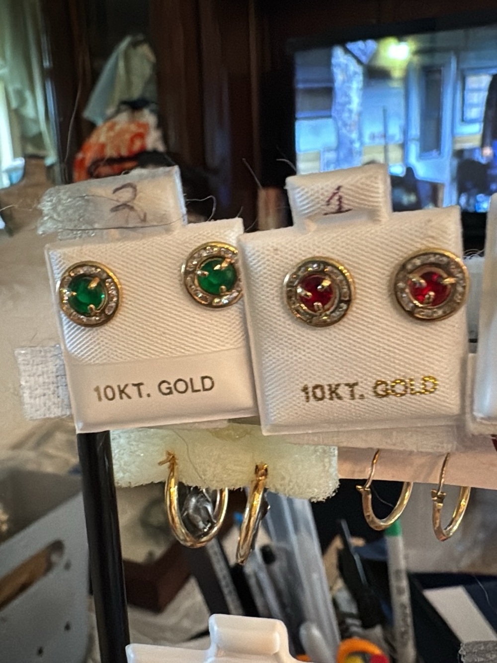 10KT Gold Stud Earrings with Green or Red Gemstone Accent 85$ each